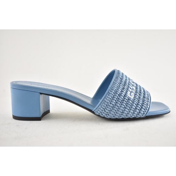 Givenchy 4G Denim Blue Raffia Logo Leather Slide On Mule Block Heel Sandal 39.5 - Picture 2 of 15